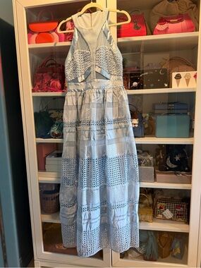 Three Floor light blue long dress with sheer panels and lace detailing NWOT